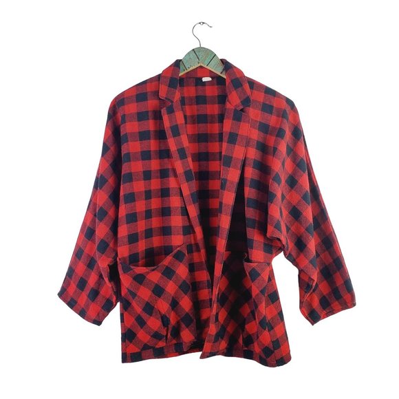 Vtg 60's Buffalo Plaid Two Pocket Open Front Buttonless Lapel Blazer Style Top - Picture 1 of 11